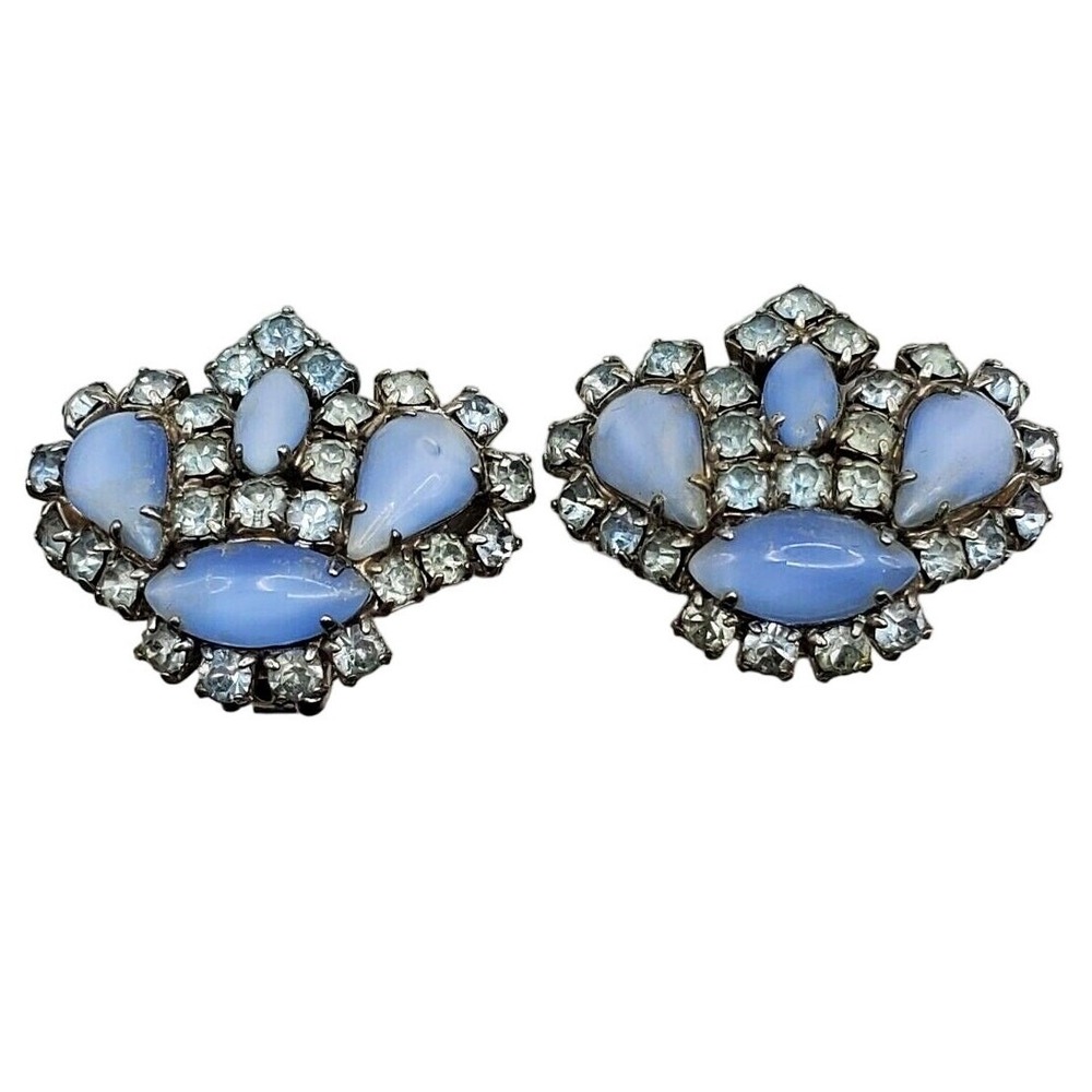 Vintage Crown Clip Earrings Blue Moonglow Rhinestone‎ Silver Tone MCM Pastel 60s